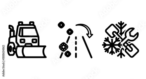 Outline icons representing winter road maintenance with a snowplow, snowy road, and tools for ice removal, ideal for cold season services.