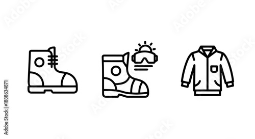 Outline icons of essential winter apparel, including warm boots and a jacket, depicting cold weather clothing and outdoor gear.