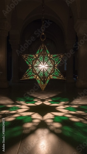 A glowing green star-shaped lantern casts intricate geometric shadows in a dark arched hall