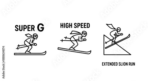 Dynamic outline icons depicting ski racing events like Super G, high-speed descents, and extended slalom runs, emphasizing speed and competition.