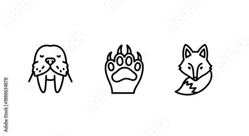 Outline animal icons featuring a walrus head, a paw print, and a fox, representing wildlife, arctic creatures, and animal tracking.