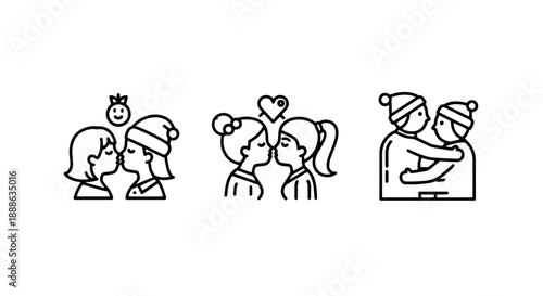 Romantic Winter Couple Kisses and Hugs Line Art Icons: Love in Cold Weather