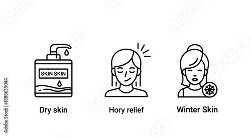 Winter Skin Care and Dryness Relief Line Art Icons: Lotion, Hydration, and Cold Weather Protection