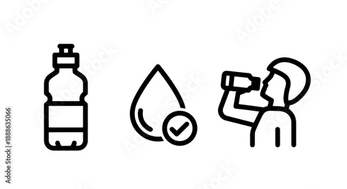 Essential Hydration and Clean Drinking Water Concepts, Depicted with Minimalist Outline Icons of Bottle, Droplet, and Person Drinking for Health and Wellness