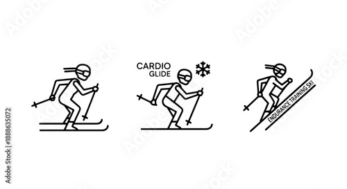 Dynamic Outline Icons Illustrating Cross-Country Skiing for Cardio, Endurance Training, and Winter Sports Fitness and Outdoor Adventure