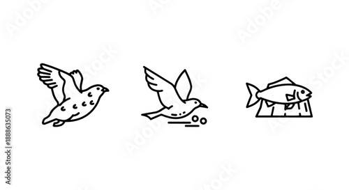 Arctic Wildlife and Cold-Weather Fauna, Featuring Minimalist Outline Icons of Flying Seabirds and a Fish Resting on Ice, Representing Northern Ecosystems and Marine Life