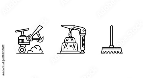 Essential Cleaning Equipment and Tools, Including a Street Sweeper, Pressure Washer, and Broom, Illustrated with Minimalist Outline Icons for Maintenance and Sanitation