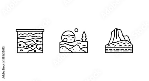 Geological Layers, Diverse Landscapes, and Natural Formations, Depicted with Minimalist Outline Icons Showing Soil Strata, a Sun-Kissed Vista, and a Rugged Mountain