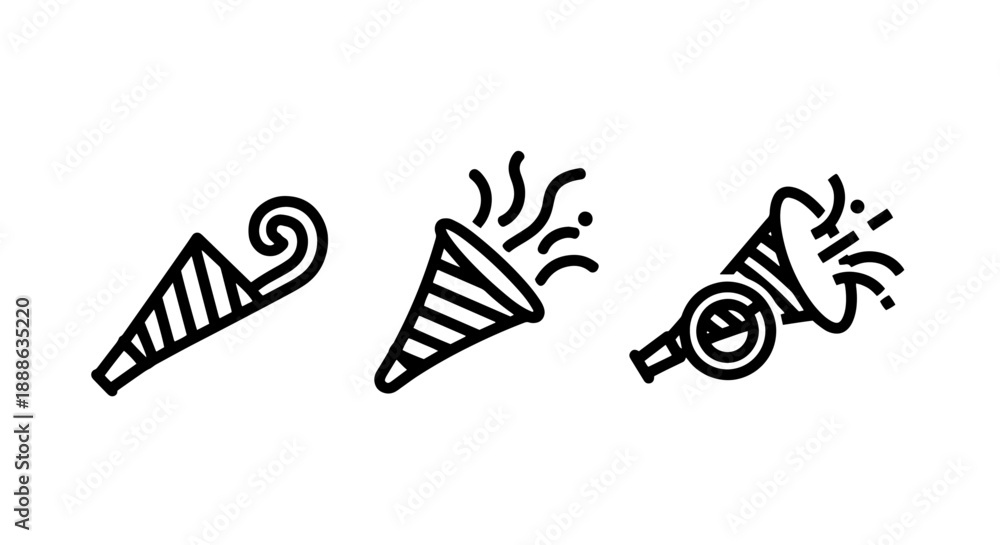 Obraz premium Festive Celebration and Party Event Icons including Party Horns, Blowouts, and Confetti Poppers for Birthdays