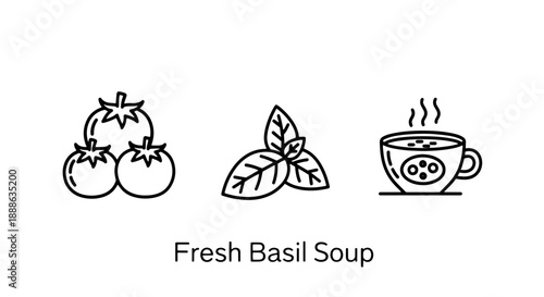 Fresh Garden Ingredients and Hearty Tomato Basil Soup Line Icons Representing Healthy Food and Culinary Delights