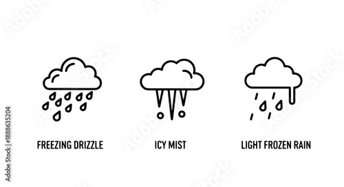 Winter Weather Line Icons Collection for Meteorology Forecasting showing Freezing Drizzle, Icy Mist, and Light Frozen Rain