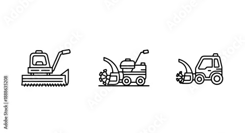 Industrial Snow Removal Machinery Icons set featuring Walk-behind Blowers, Snow Plows, and Maintenance Equipment