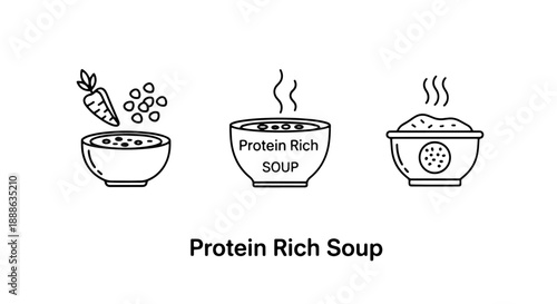 Healthy Nutrition and Protein Rich Soup Line Icons depicting Steaming Broth Bowls and Fresh Vegetable Ingredients