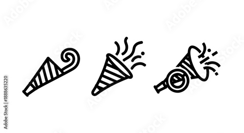 Festive Celebration and Party Event Icons including Party Horns, Blowouts, and Confetti Poppers for Birthdays