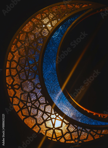 Stained glass crescent moon with Islamic geometric patterns and rich lighting