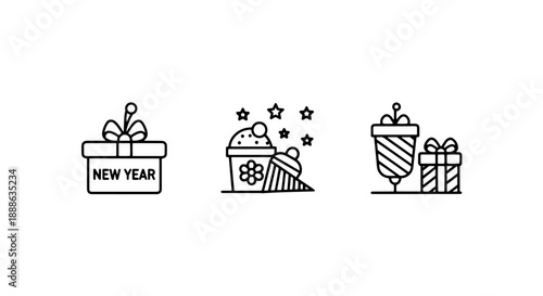 Holiday Celebration Gift Icons set featuring New Year Presents, Festive Party Hats, and Stars for Seasonal Events