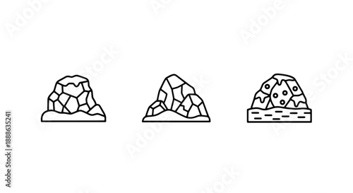 Geological Rock and Mountain Formation Icons depicting Stone Piles, Rocky Cliffs, and Natural Minerals