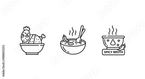 Delicious Meat and Poultry Bowl Icons including Fried Chicken and Spicy Stews for Culinary Menus