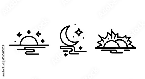 Celestial Day and Night Cycle Icons representing Sunrise, Sunset over Mountains, and Starry Night Skies