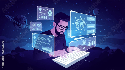 Vector illustration of a man working on a computer surrounded by futuristic digital screens and data visualizations in a dark space environment