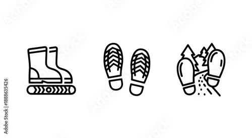 Outdoor Hiking and Trekking Icons Showing Boots Treads and Footprints on Mountain Trail