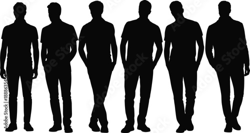 Silhouettes of casually dressed male figures in relaxed standing poses, ideal for fashion design, animation reference, posture study, and behavioral analysis.