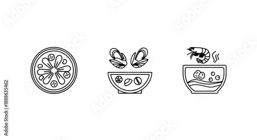 Collection of Seafood Dish Icons including Lemon Slice Mussel Soup and Hot Shrimp Bowl with Steam in Clean Black Line Art Style