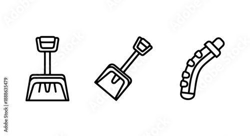Winter Maintenance Equipment Icons with Two Styles of Snow Shovels and an Anti Slip Ice Grip Track for Vehicle Recovery in Line Art