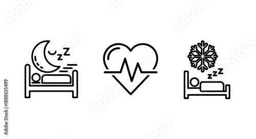 Health and Wellness Icons representing Night Sleep Cycle Heartbeat Pulse and Hibernation or Cold Temperature Sleeping Environment