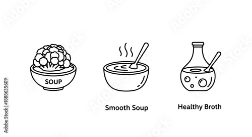Healthy Vegetable Broth and Science Laboratory Flask Soup Line Icons