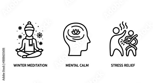 Winter Meditation Mental Calm and Wellness Stress Relief Line Icons Set
