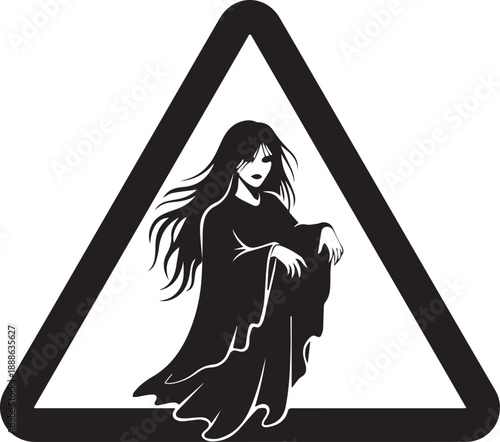 Mysterious spectral woman with long flowing hair and robes, silhouetted within a bold warning triangle, a graphic illustration symbolizing supernatural caution or an ethereal presence