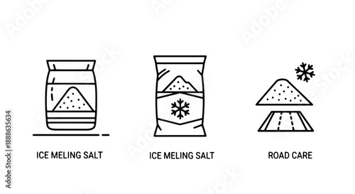 Winter Road Care Ice Melting Salt Bag and Safety Deicing Line Icons