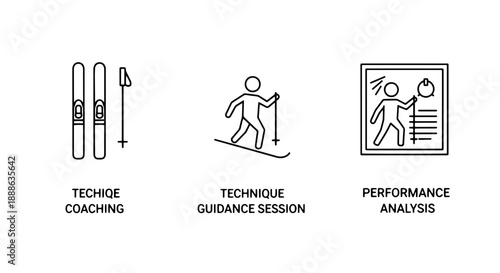 Professional ski coaching and performance analysis icon set featuring equipment, technique guidance, and data tracking for winter sports training.