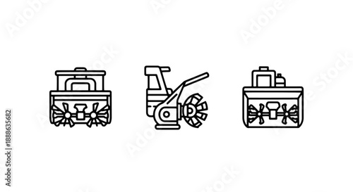 Technical line art icons of snow blowers and snow removal machinery for residential and commercial winter maintenance services.