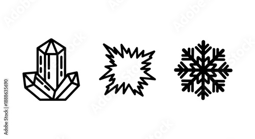 Geometric winter icons including quartz crystals, a starburst, and a detailed snowflake for science, jewelry, or seasonal decoration themes.