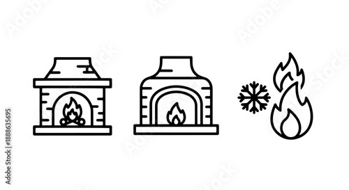 Home heating icons featuring traditional fireplaces, brick ovens, and fire vs ice symbols for interior design and seasonal warmth concepts.