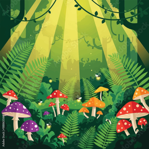 Colorful mushrooms in forest setting.