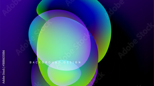 Abstract colorful shapes overlap, creating vibrant gradients. Dark background emphasizes luminous forms, modern design element.