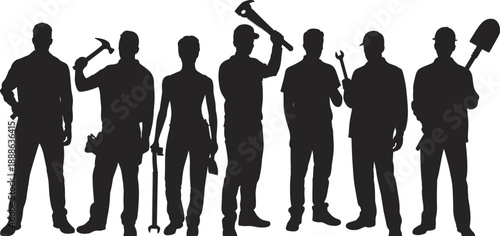 Silhouettes of skilled workers holding tools in industrial trades, construction, and mechanical professions, ideal for labor force, teamwork, and vocational industry themes.
