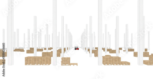 Expansive industrial warehouse interior vector with pallets and forklift for logistics concept