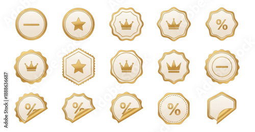 Luxury gold badge and sticker icons vector set with 3D accents for promotions