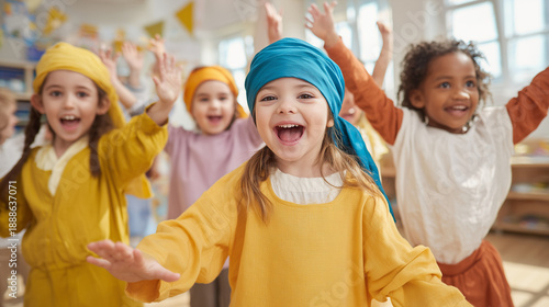 A group of adorable young children playing theater together on a small DIY stage made of cardboard boxes, expressing pure joy and excitement during a creative role-play session.