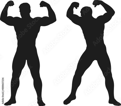 Black silhouettes of muscular male bodybuilders posing and flexing muscles isolated on a white background for fitness gym and bodybuilding design.