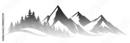 Mountain landscape with forest, halftone dots, fading dot effect, vector design