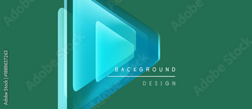 Abstract play button design over dark teal background. Gradient colors create depth, modern look. Text labels indicate purpose, style.
