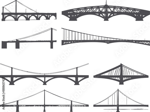 Bridge silhouette set, suspension arch truss cable bridge designs, architectural engineering transportation infrastructure icons isolated on white background