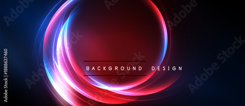 Abstract neon circles overlap, creating vibrant red, blue, purple glow. Dark background emphasizes luminosity, modern design element.