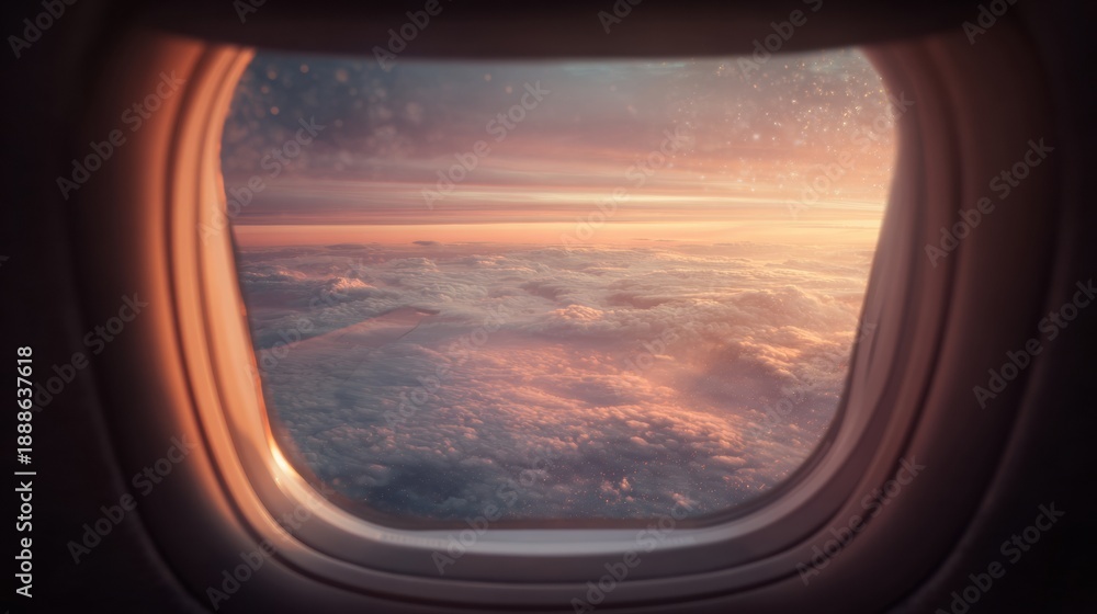 Fototapeta premium Sunset View From Airplane Window Above the Clouds, Capturing the Beauty of the Sky During Evening Flight