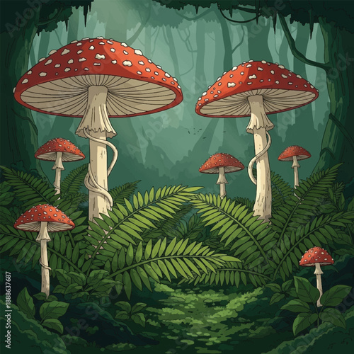 Group of red and white mushrooms.